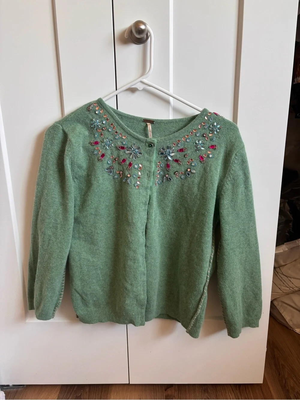 Free People Green Embellished Crewneck Cardigan